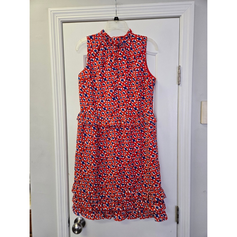 Jade Melody Tam Red White Blue Abstract Leopard Ruffle Drop Waist Dress Small
